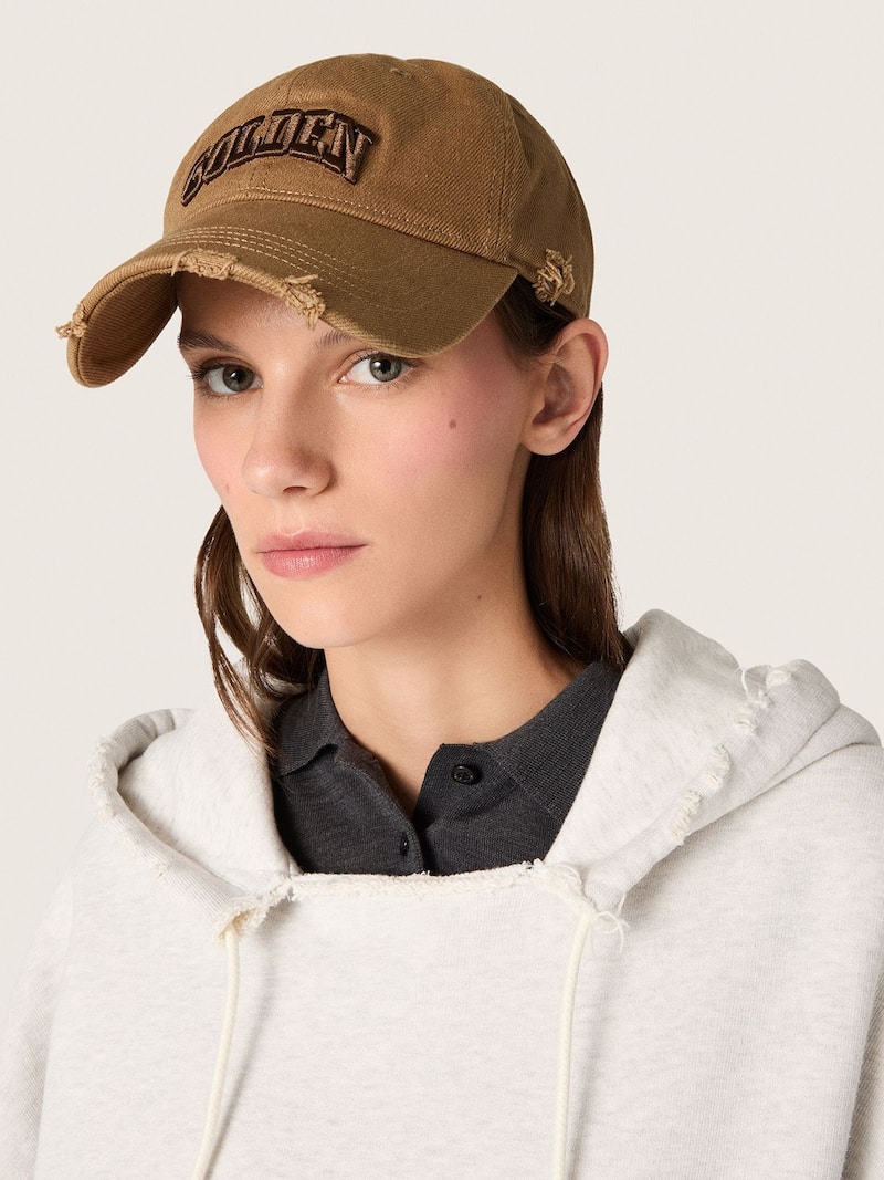 Golden Goose - Casquette de baseball en coton beige &agrave; l&rsquo;effet us&eacute; in 