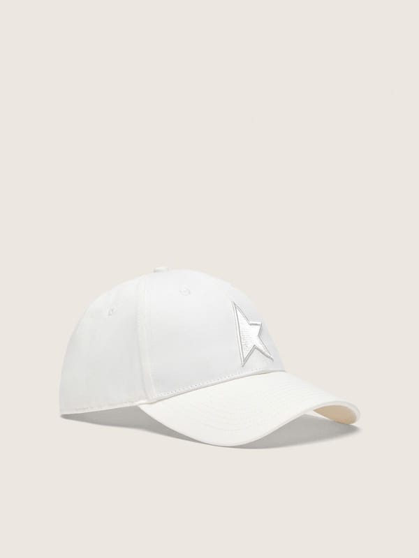 White tennis-inspired cap with star, patches and pin