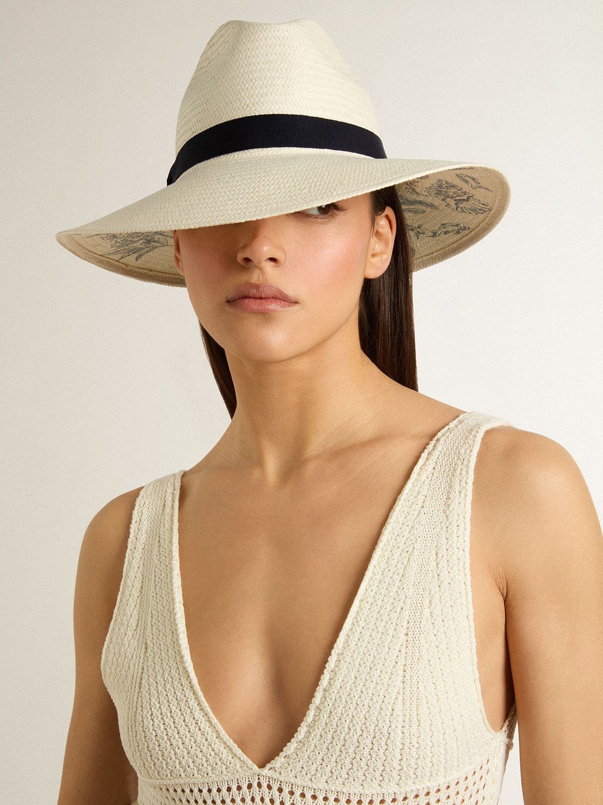 Golden Goose - Golden fedora hat in white straw with black ribbon and marine print under the brim in 
