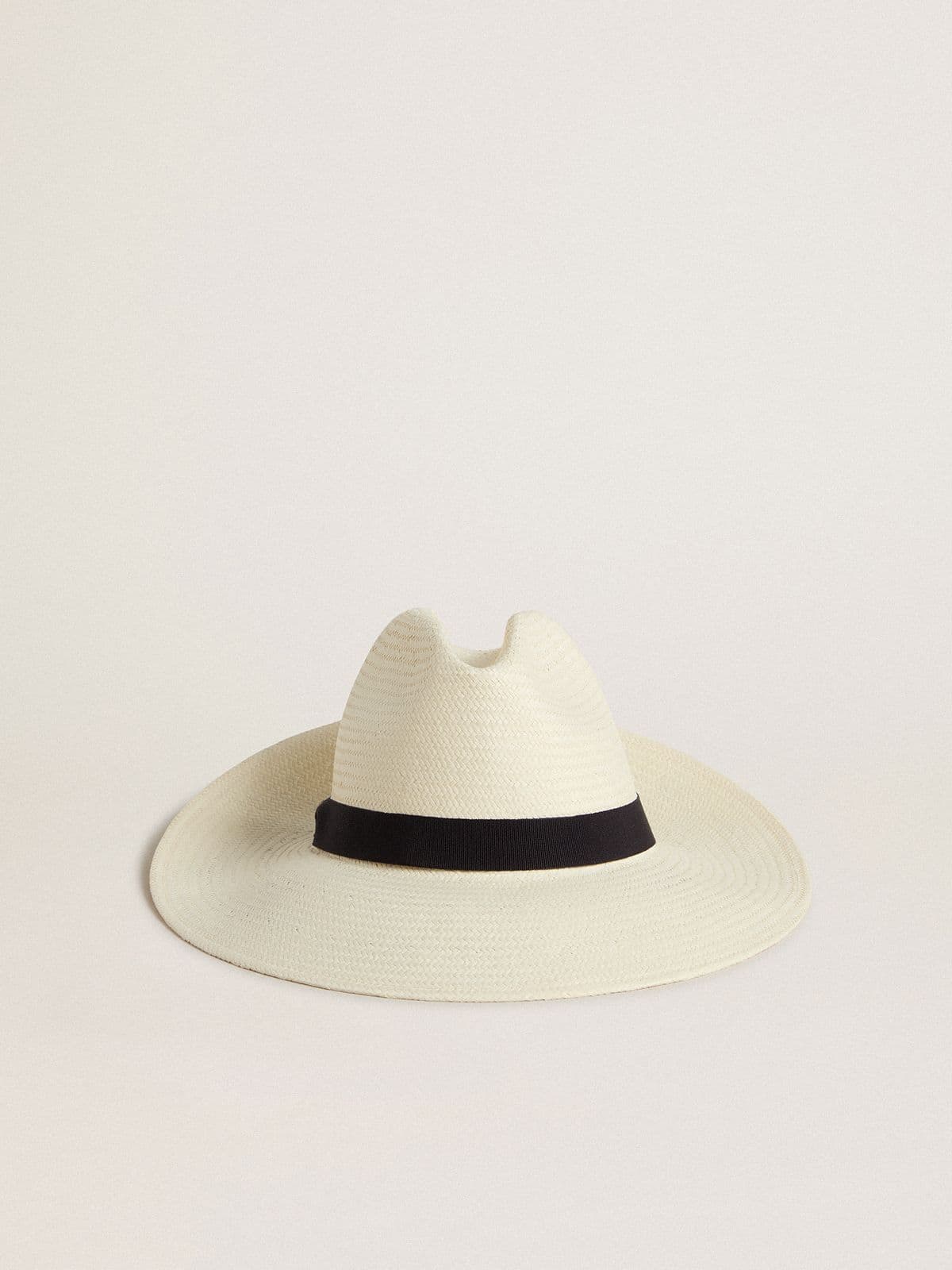 Golden Goose - Golden fedora hat in white straw with black ribbon and marine print under the brim in 