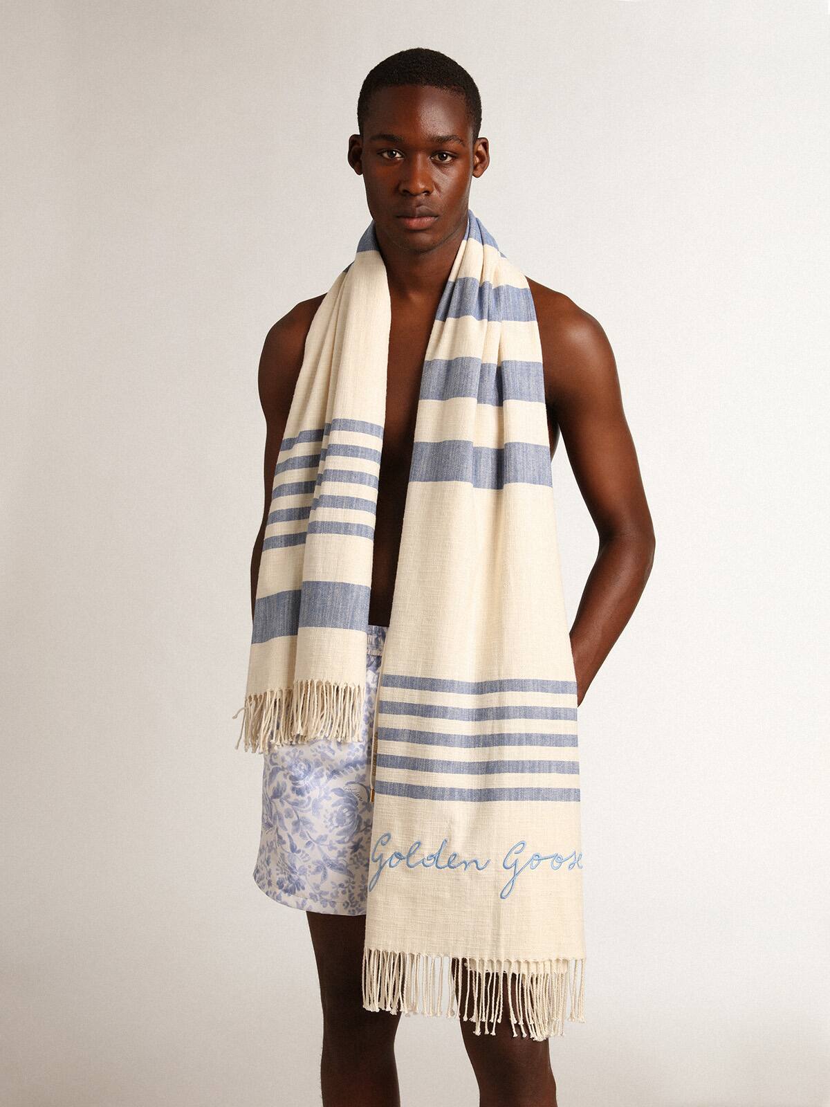 Golden Goose - Resort Collection cotton beach towel with blue stripes and fringing    in 