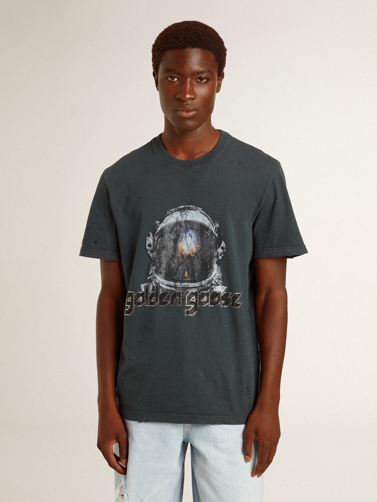 T shirt di colore nero con stampa multicolor Golden Goose