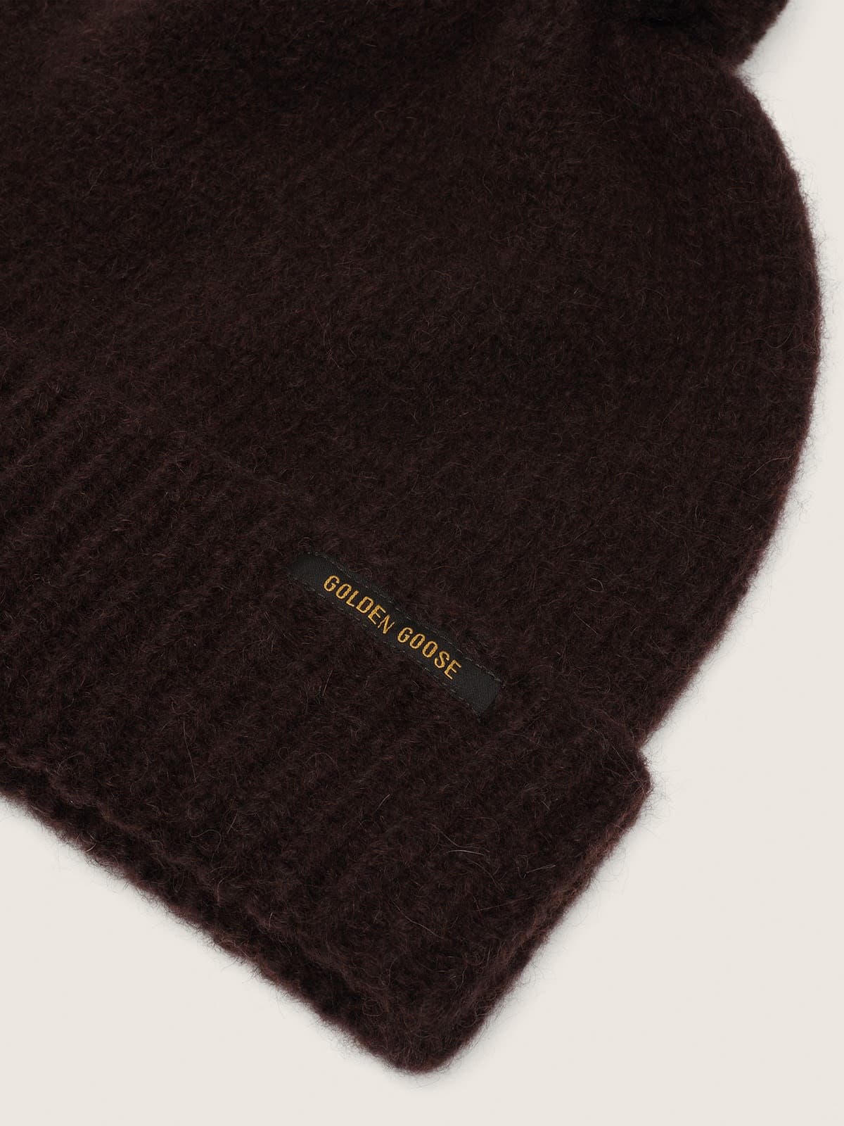 Golden Goose - Dunkelbraune M&uuml;tze aus Alpakawolle mit Pompon und Kontrastlabel in 