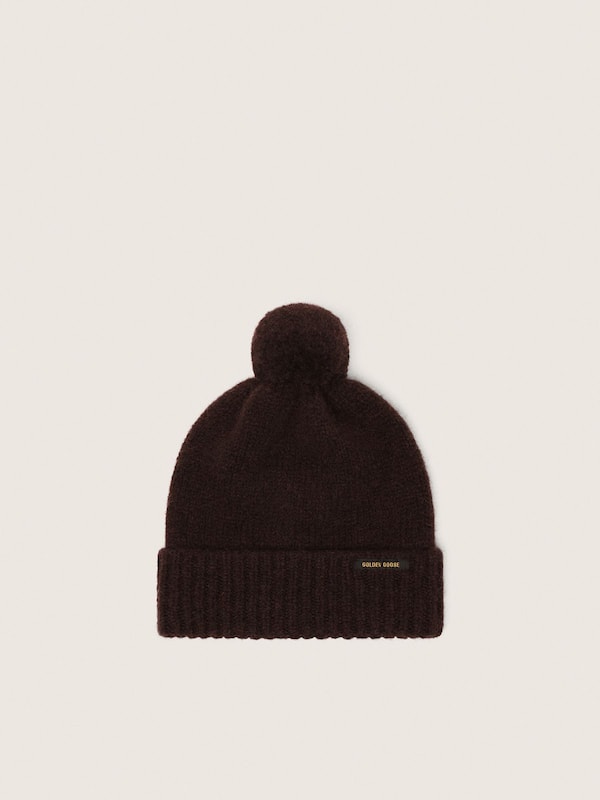 Golden Goose - Beanie in dark brown alpaca wool with pompom and contrasting label in 