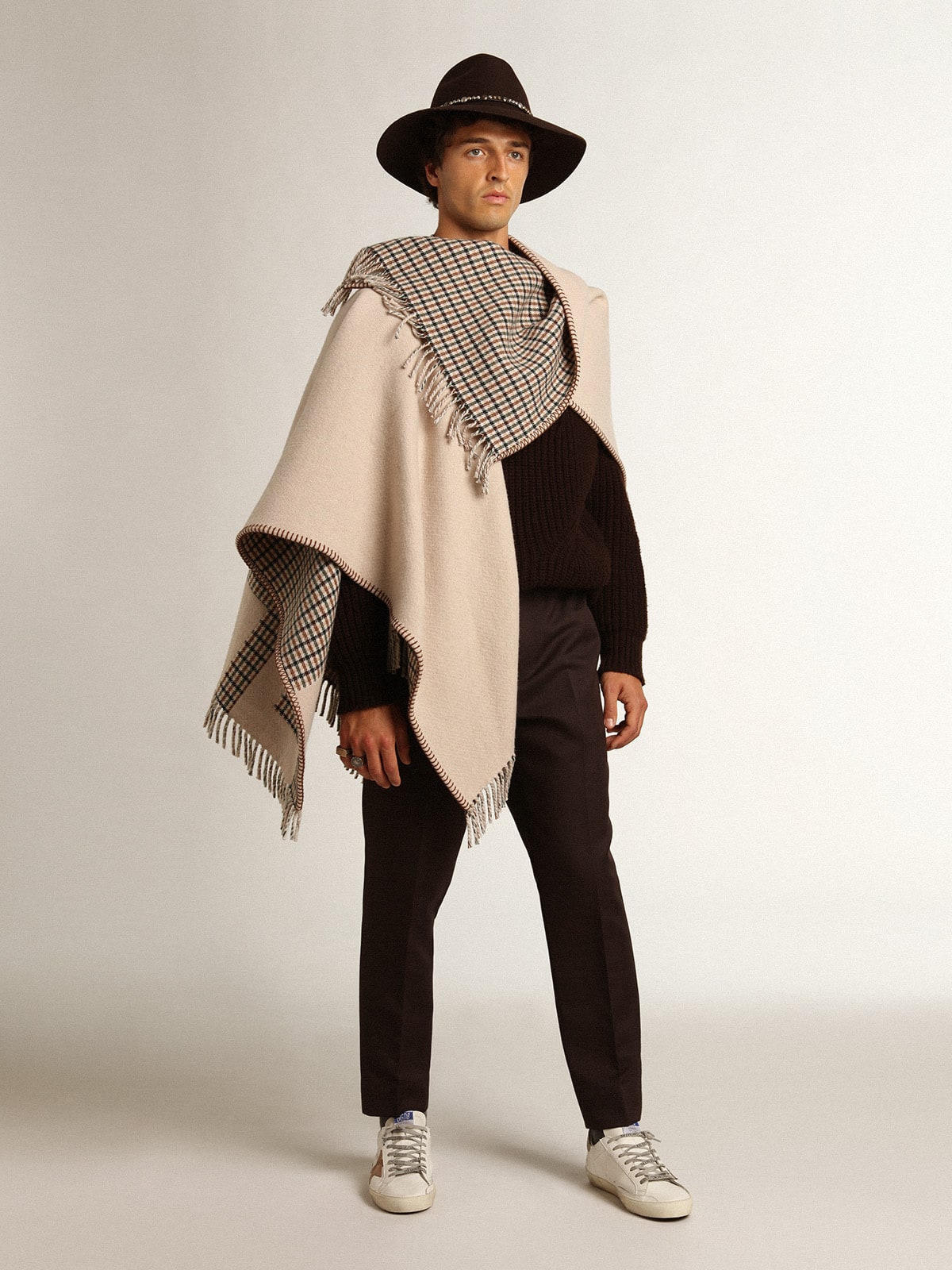 Golden Goose - Poncho in double face cream-colored wool with check pattern and lettering in 