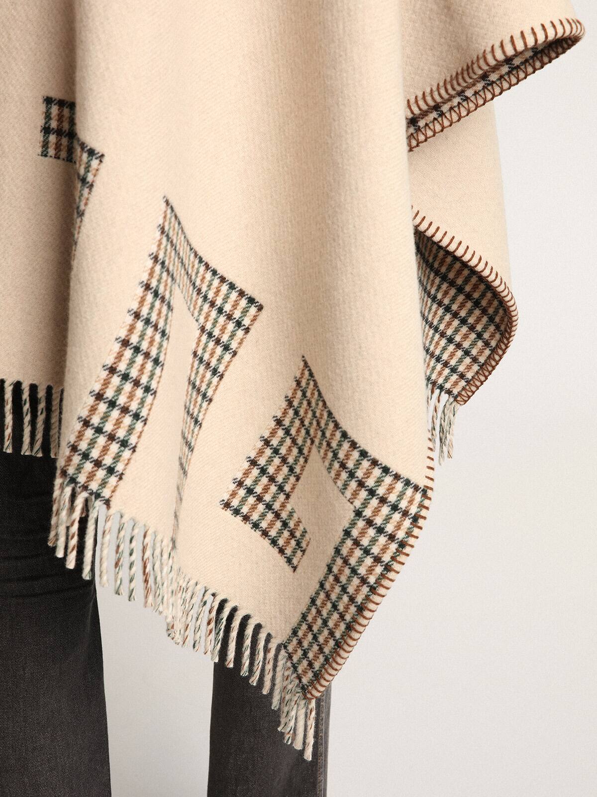 Golden Goose - Poncho in double face cream-colored wool with check pattern and lettering in 