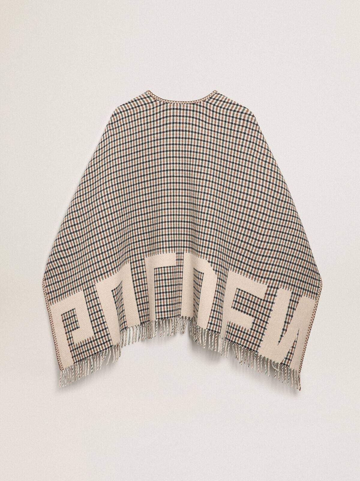 Golden Goose - Poncho in double face cream-colored wool with check pattern and lettering in 
