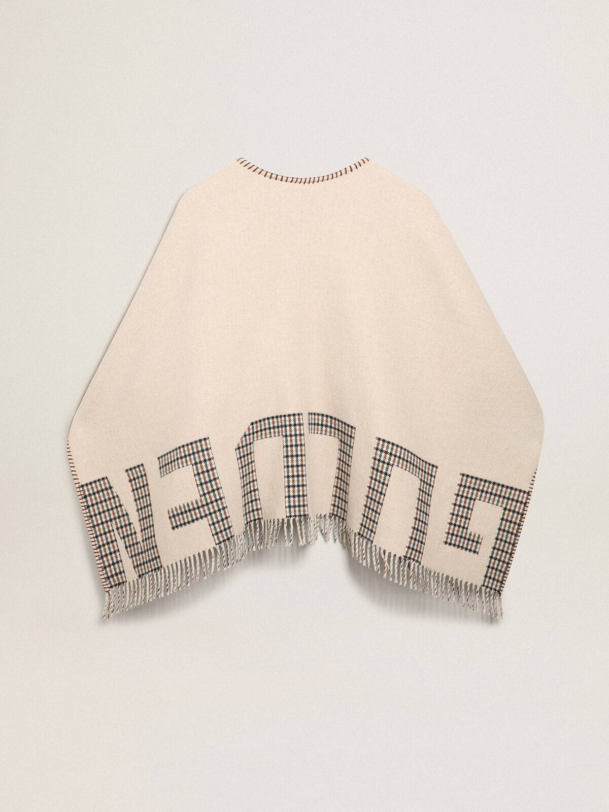 Golden Goose - Poncho in double face cream-colored wool with check pattern and lettering in 