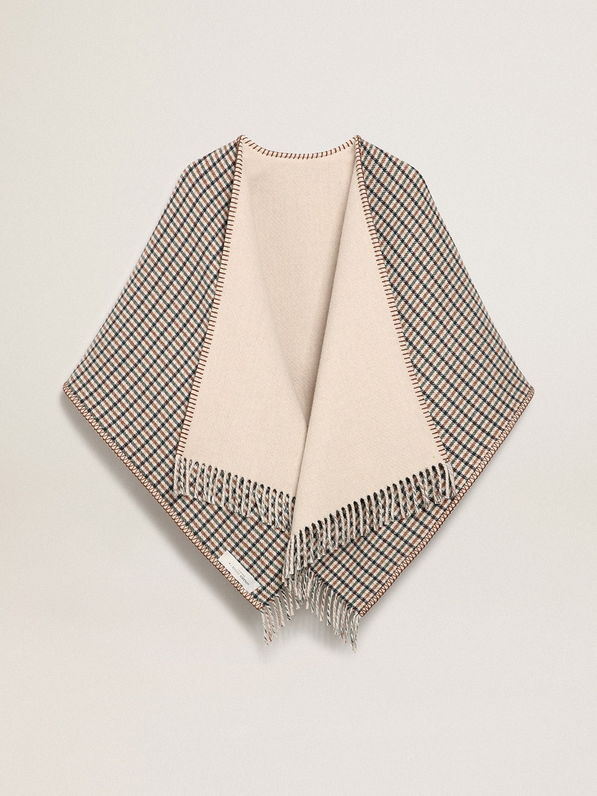 Golden Goose - Poncho in double face cream-colored wool with check pattern and lettering in 