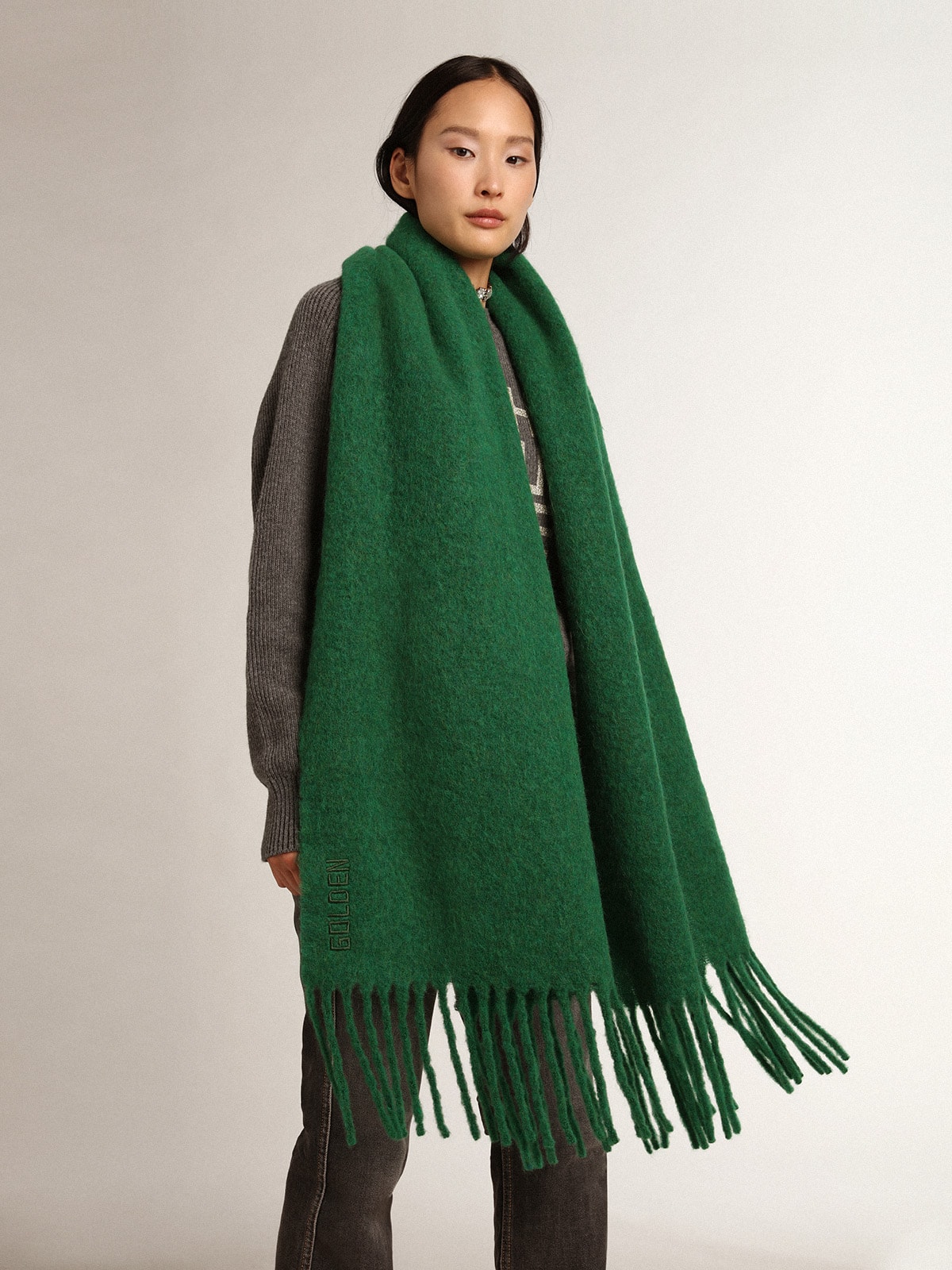 Golden Goose - Dark green wool scarf with fringe and ‘Golden’ lettering in 