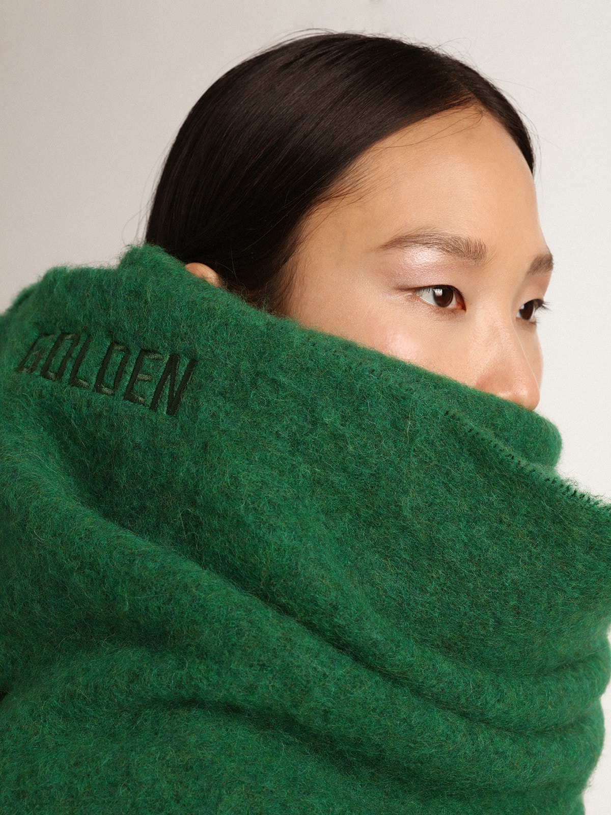 Golden Goose - Dark green wool scarf with fringe and ‘Golden’ lettering in 