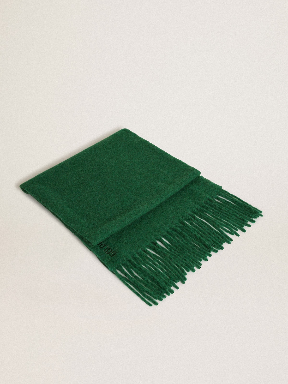 Golden Goose - Dark green wool scarf with fringe and ‘Golden’ lettering in 