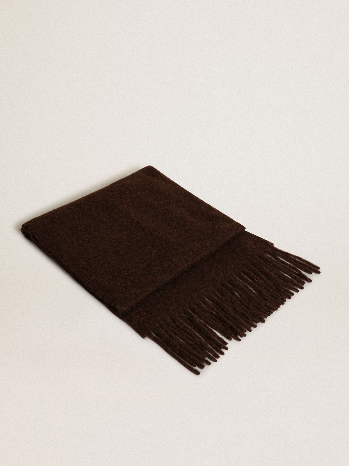 Golden Goose - Coffee-colored wool scarf with fringe and ‘Golden’ lettering in 