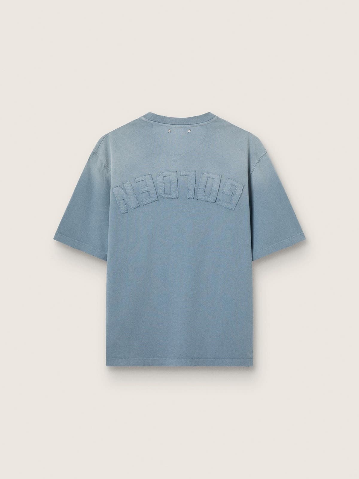 Babyblaues Unisex-T-Shirt aus Baumwolle mit Reversdruck auf der R&uuml;ckseite