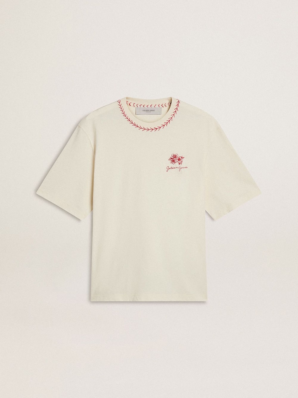 T-shirt CNY blanc vieilli avec broderie rouge — Golden Goose