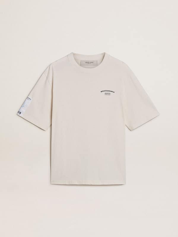Golden Goose - White unisex T-shirt with Mediterranean print and Pescheria Golden patch on the sleeve in 