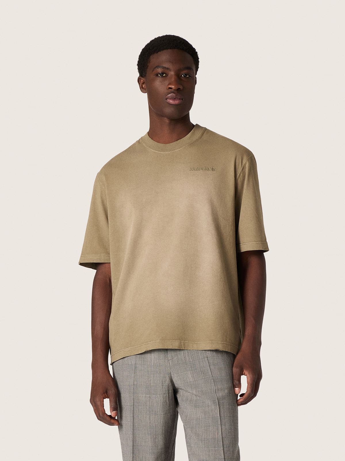 Golden Goose - Unisex T-shirt in beige cotton jersey with embroidered logo in 