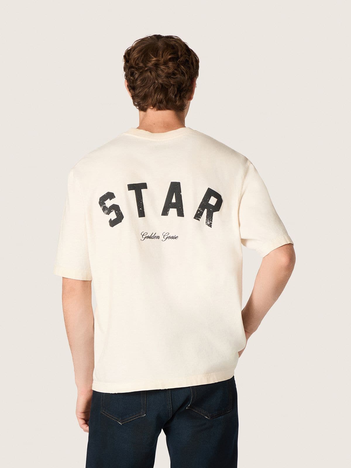 Golden Goose - Camiseta unisex Star de algodón blanco vintage con estampado negro en la espalda in 