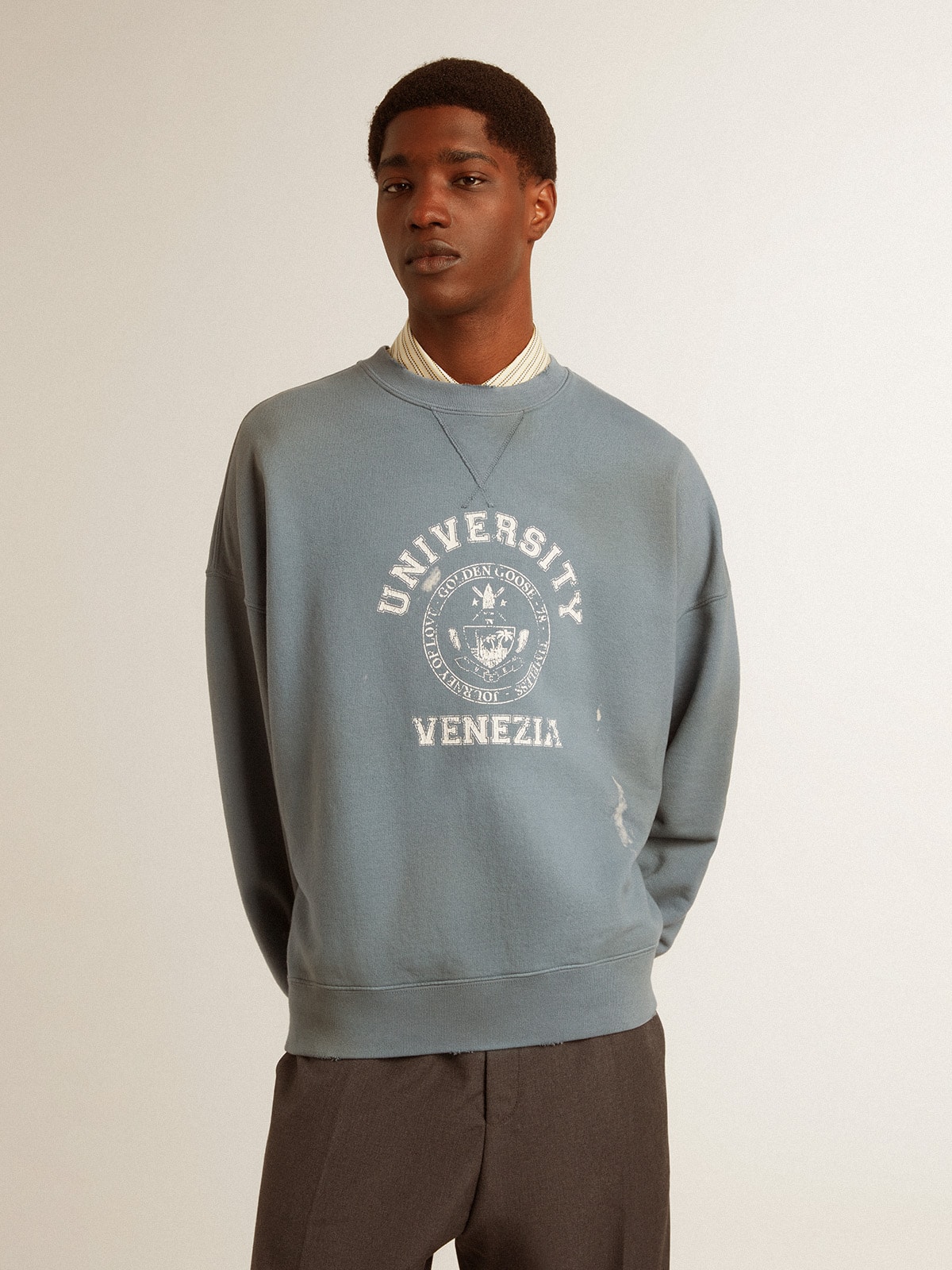 Oversized sweatshirt in baby blue with distressed finish Golden Goose