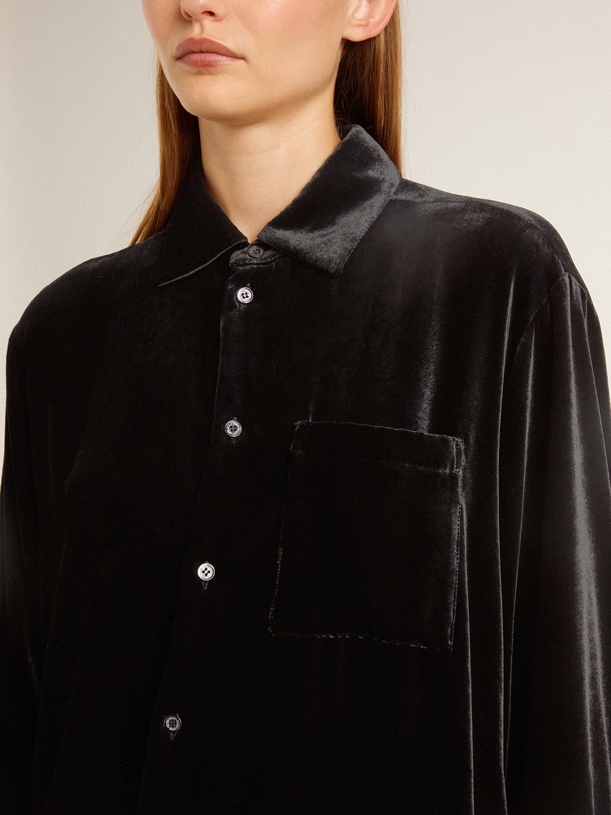 Velvet-effect black shirt with embroidery