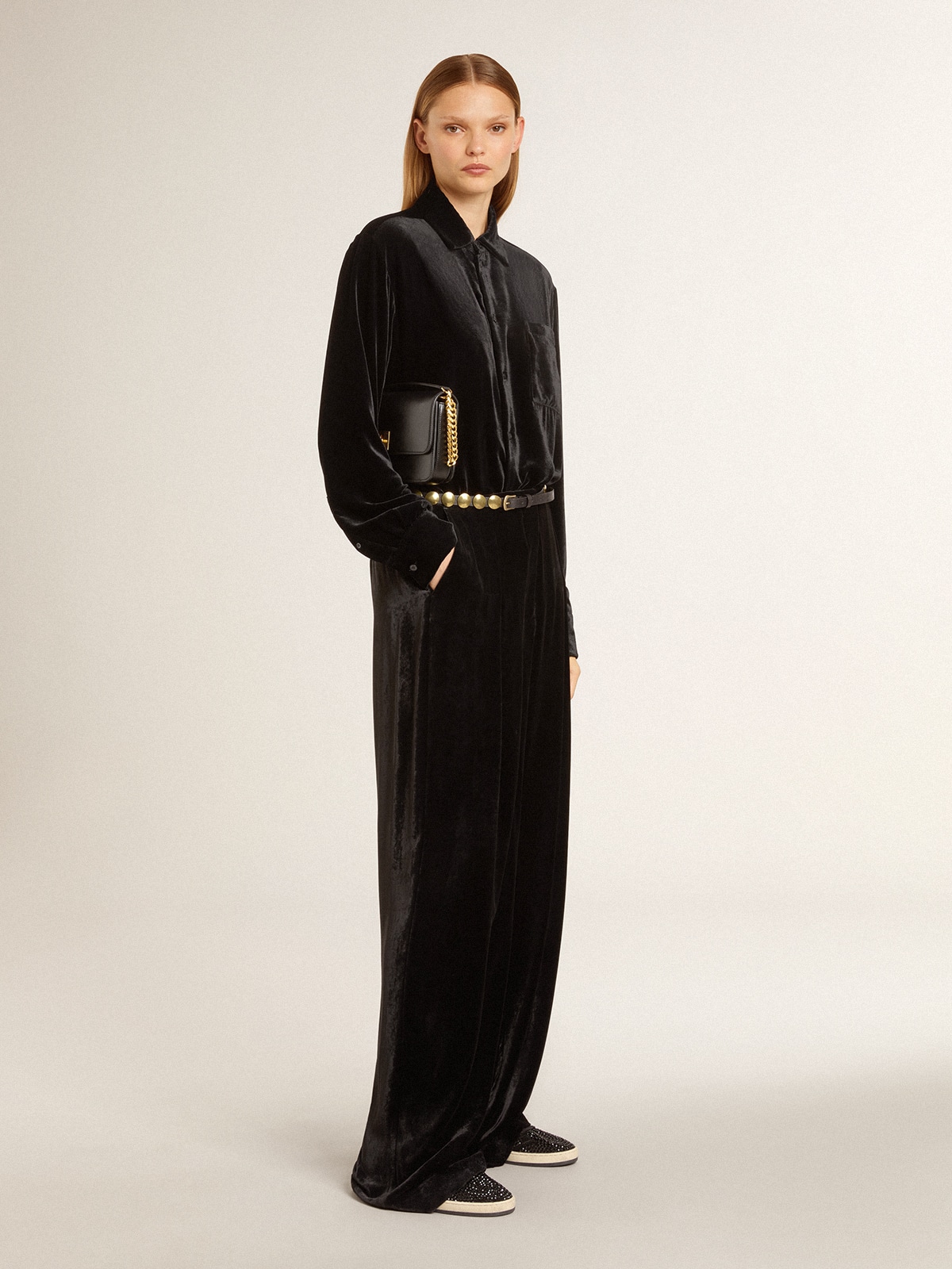 Golden Goose - Velvet-effect black shirt with embroidery in 