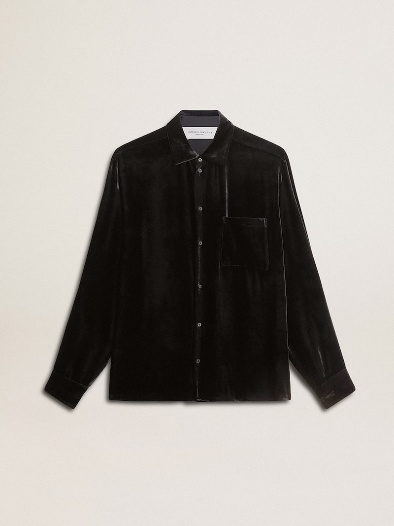 Velvet-effect black shirt with embroidery