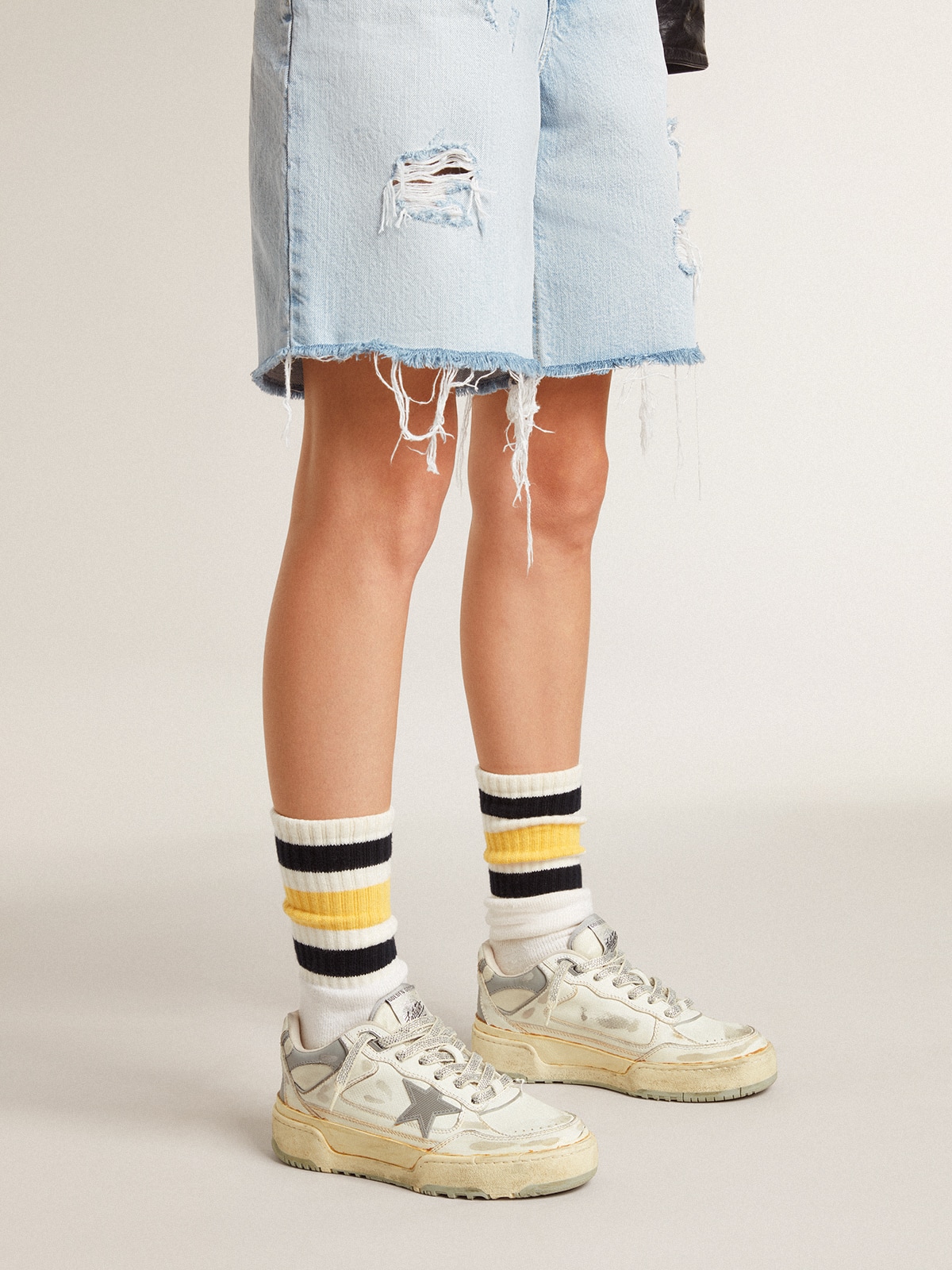 Golden Goose - Worn-white socks with distressed details and black and yellow stripes in 