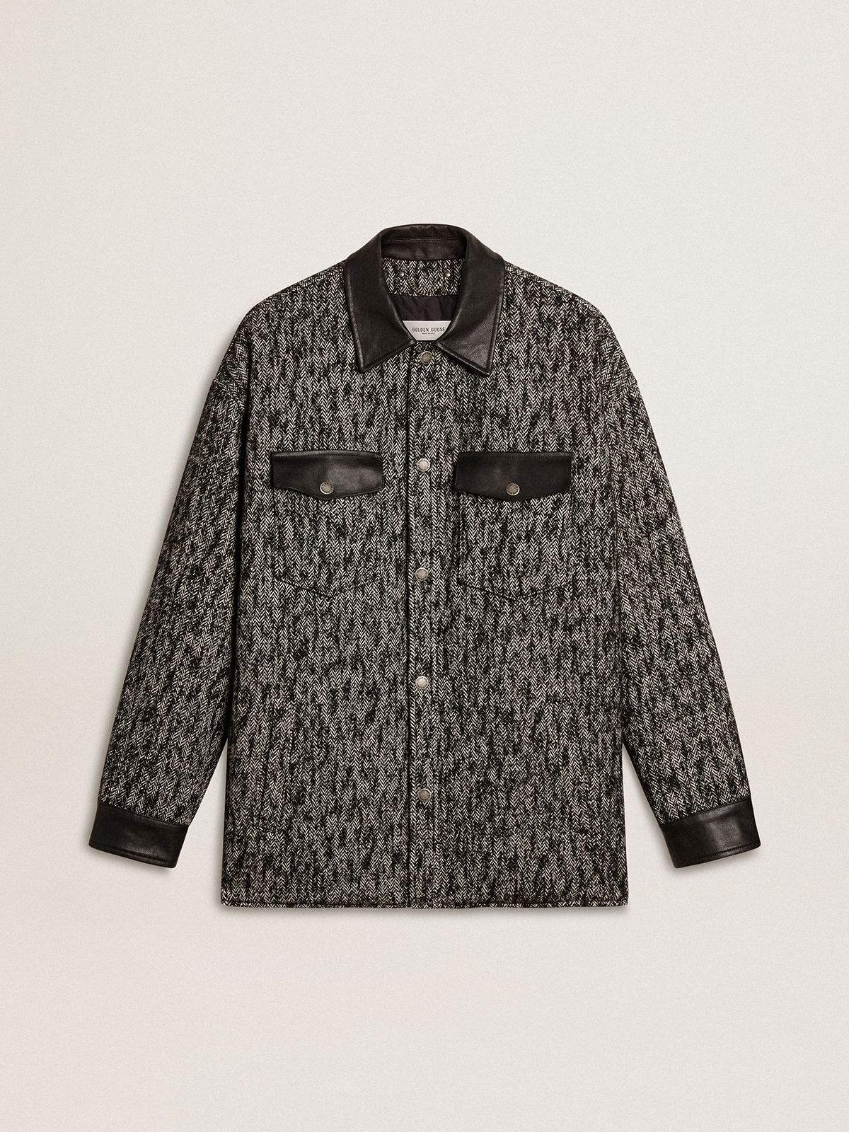 Veste grise à chevrons avec détails en cuir noir — Golden Goose