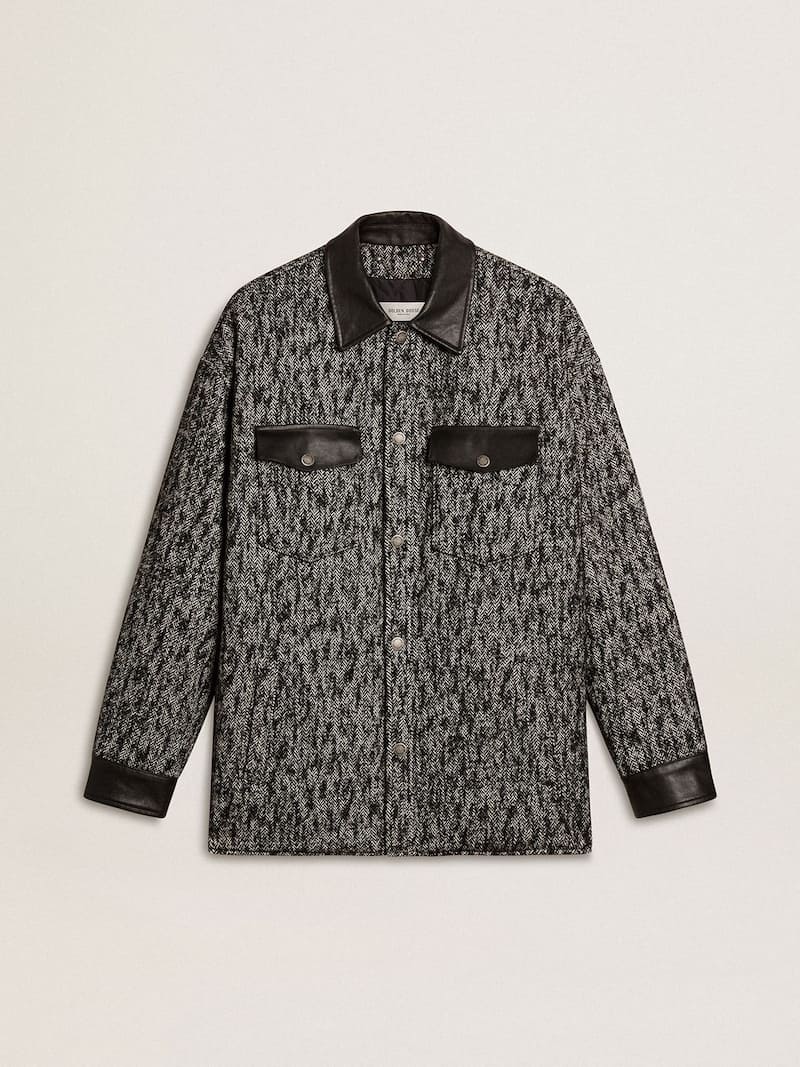 Gray herringbone jacket with black leather details