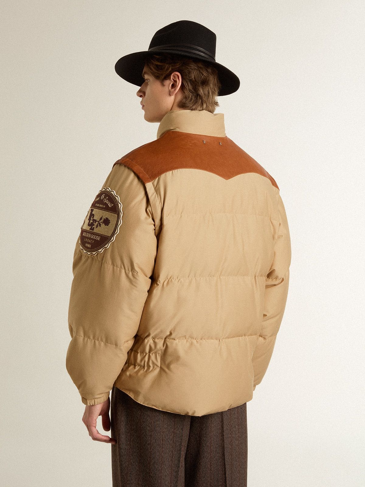 Golden Goose - Beige bomber jacket with leather and patch details in 