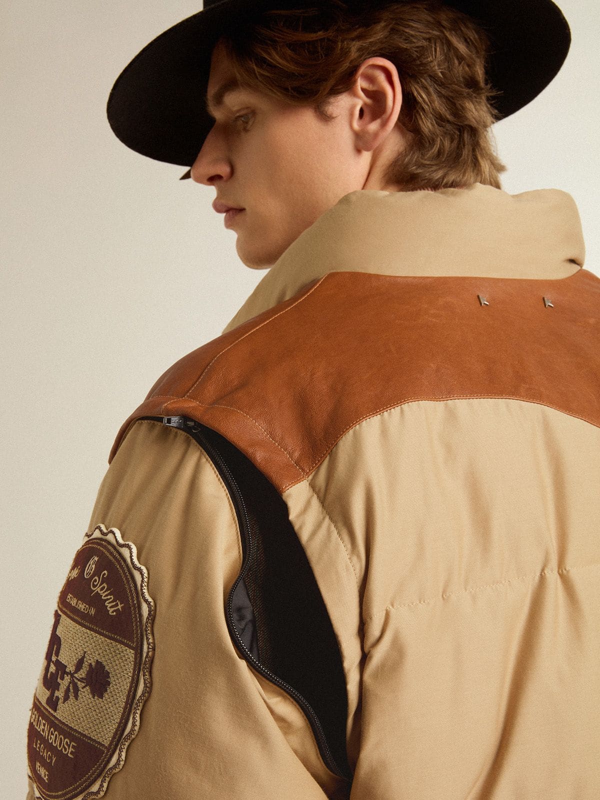 Golden Goose - Beige bomber jacket with leather and patch details in 