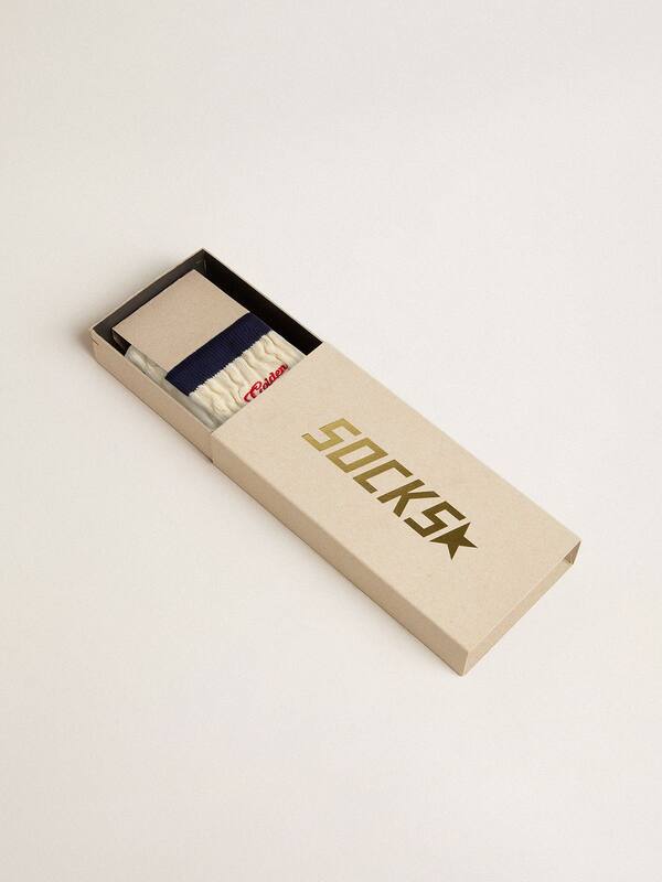 Golden Goose - Cream ribbed socks with navy blue details and red logo  in 