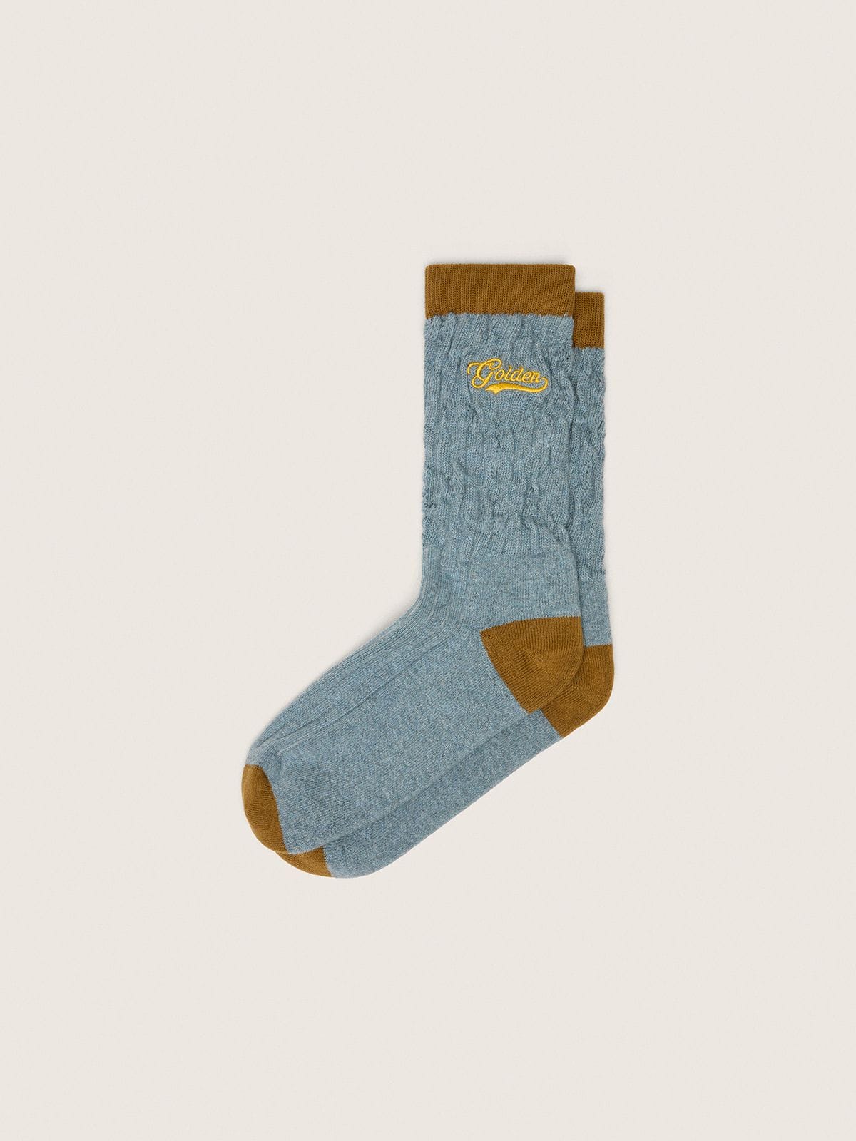 Chaussettes c&ocirc;tel&eacute;es bleu ciel avec d&eacute;tails bruns et logo jaune