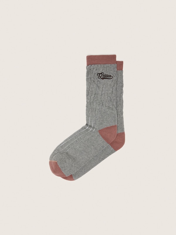 Gray melange ribbed socks with brick-red details and brown embroidered logo