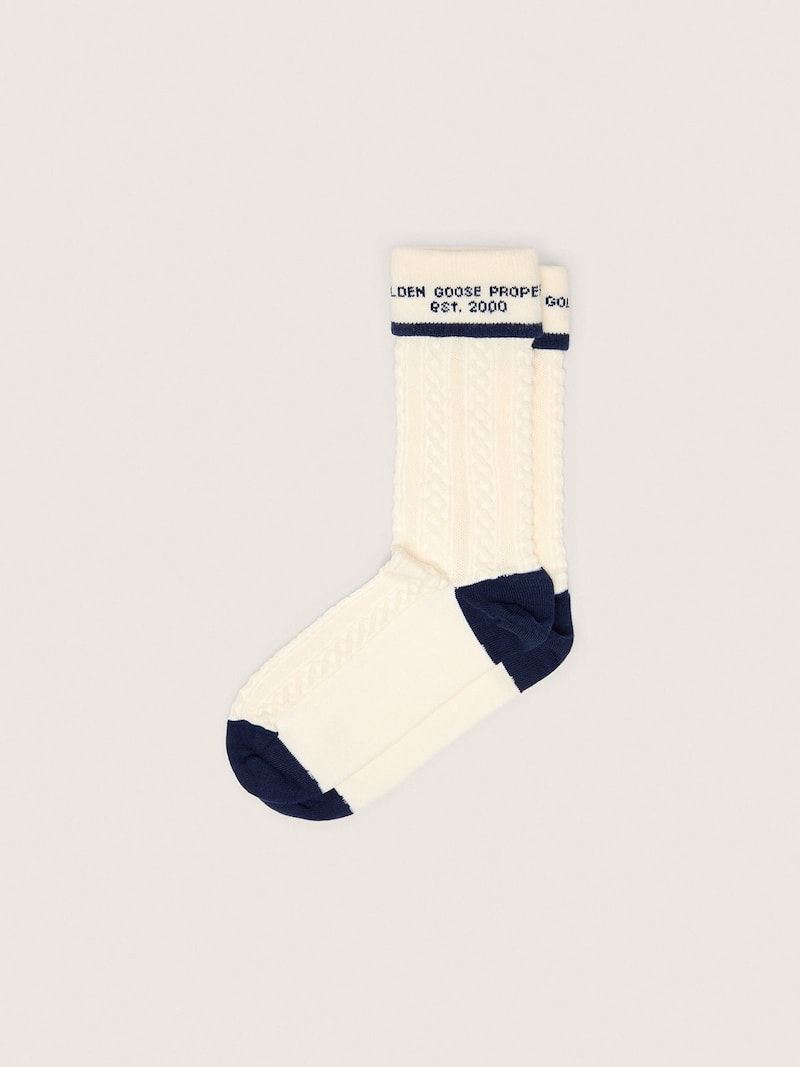 Chaussettes blanc vieilli avec revers et d&eacute;tails bleu fonc&eacute;