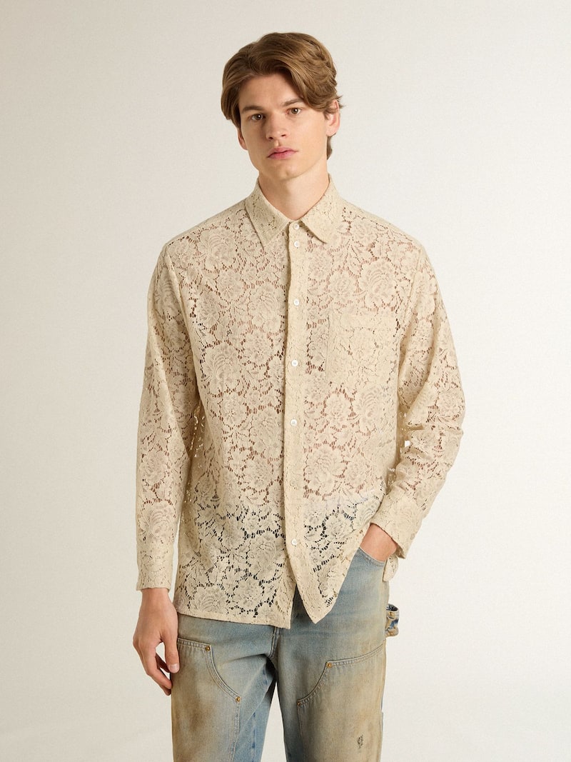 Golden Goose - Camisa over de encaje color crema con efecto transparente in 