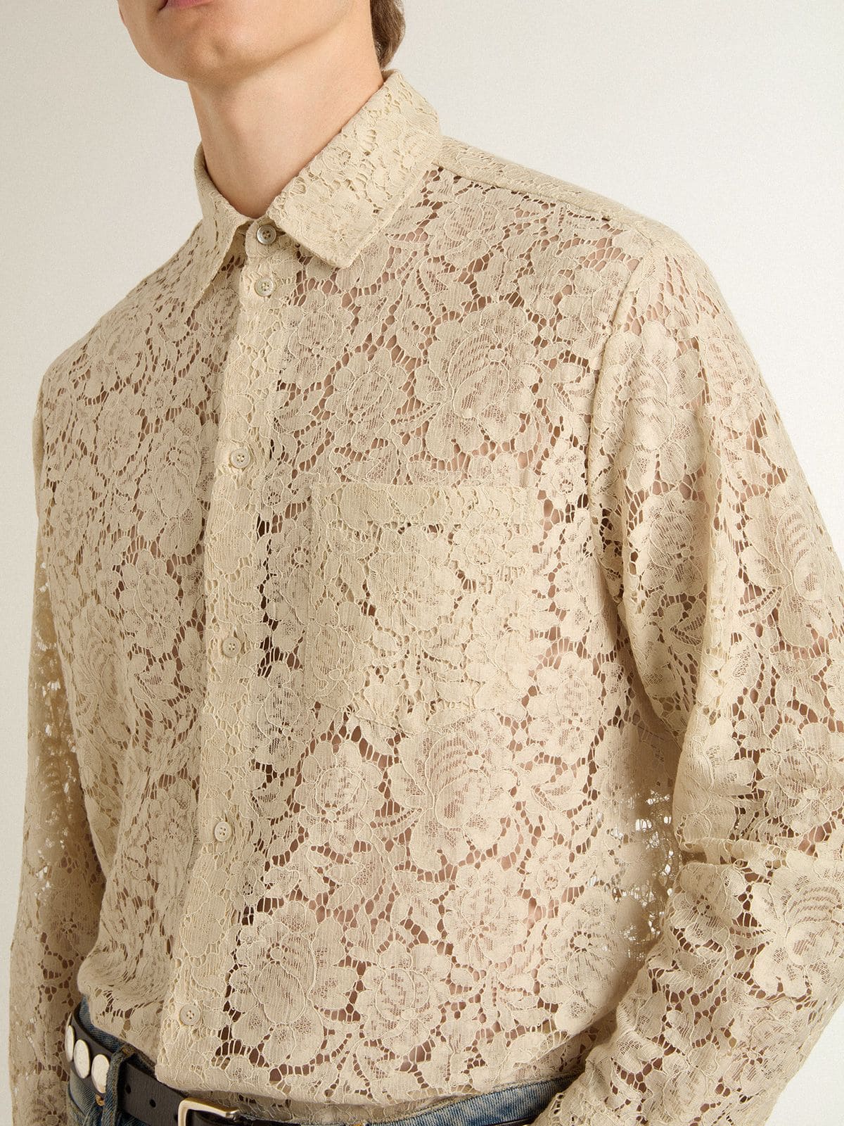 Golden Goose - Camicia over in pizzo color crema see-through in 
