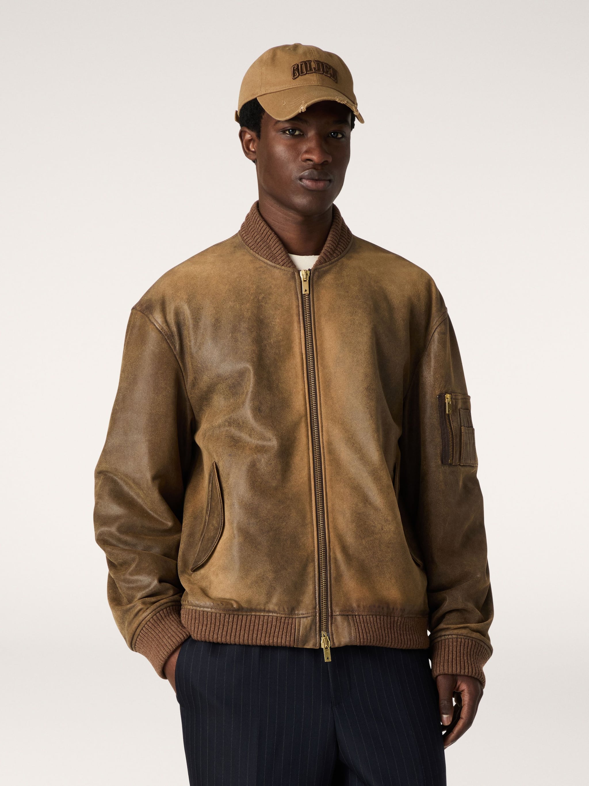 Golden Goose - Bikerjacke aus braunem Leder in Lived-in-Optik in 