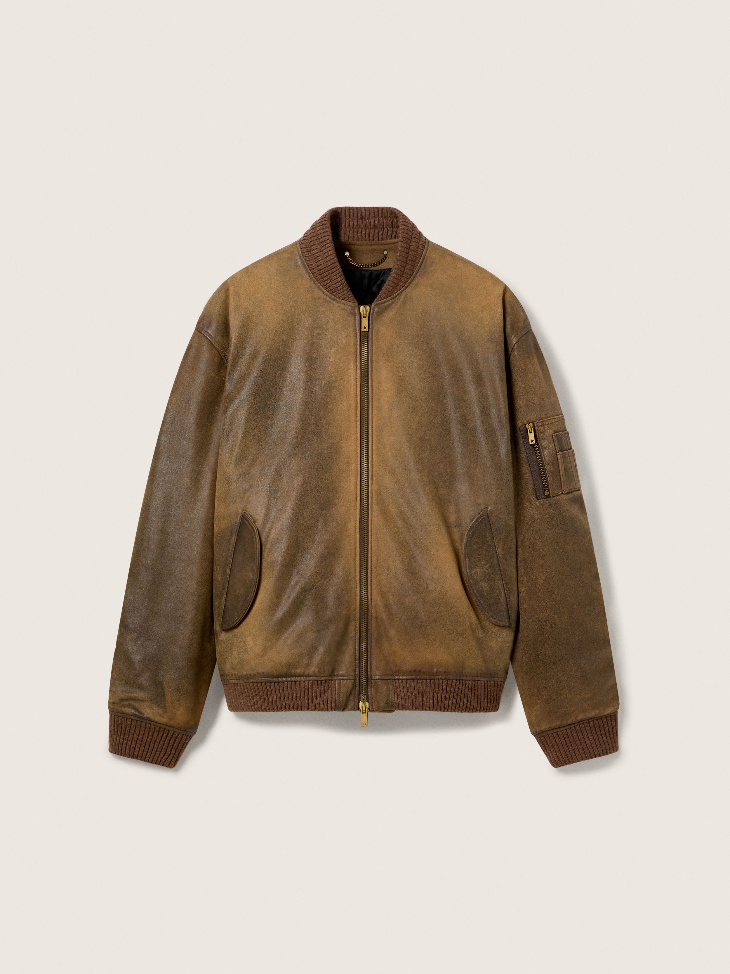 Blouson en cuir marron effet usé — Golden Goose