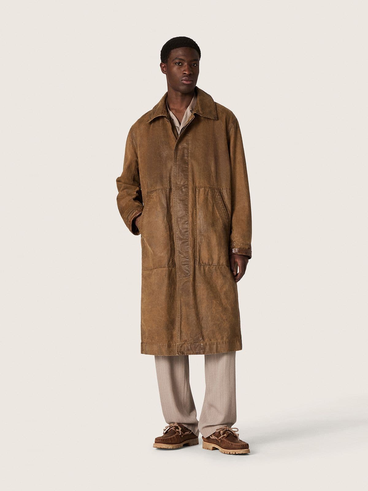 Golden Goose - Brauner Unisex-Trenchcoat aus gewachstem Twill mit Lederdetails in 
