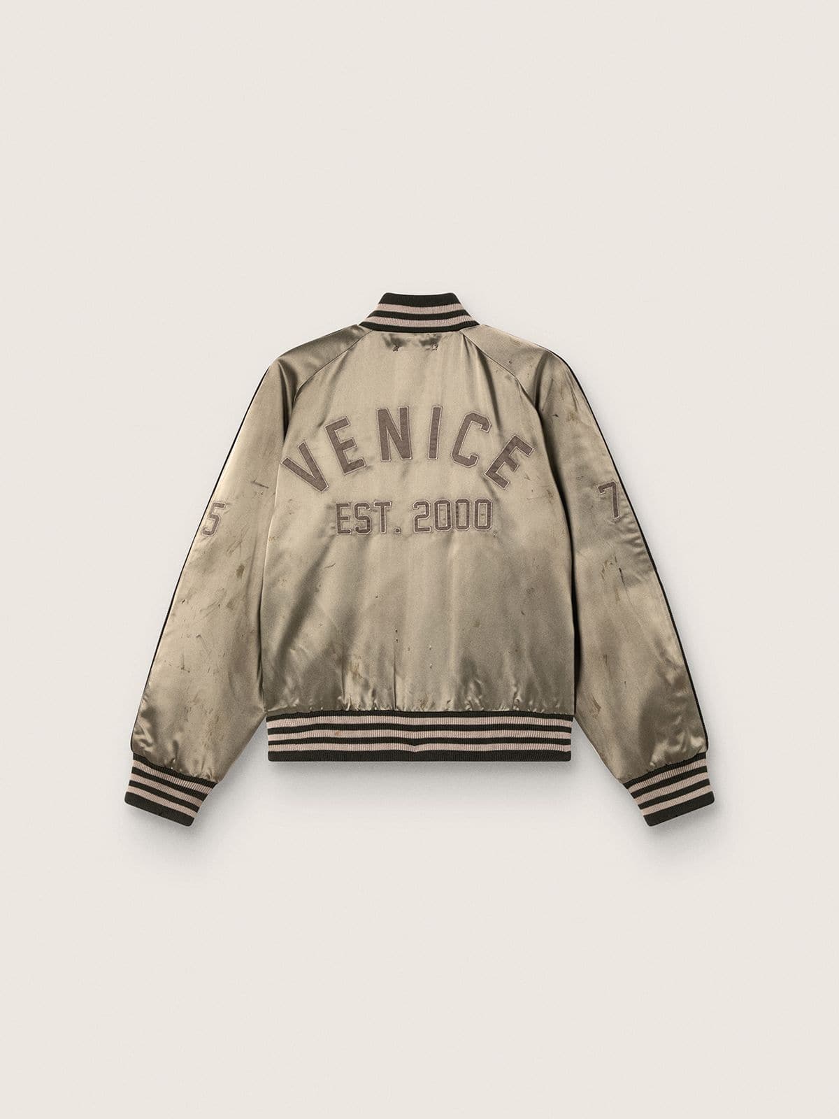 Unisex bomber jacket in green satin with ribbed hems and collar