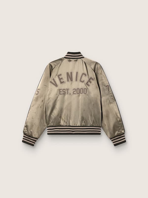 Unisex bomber jacket in green satin with ribbed hems and collar