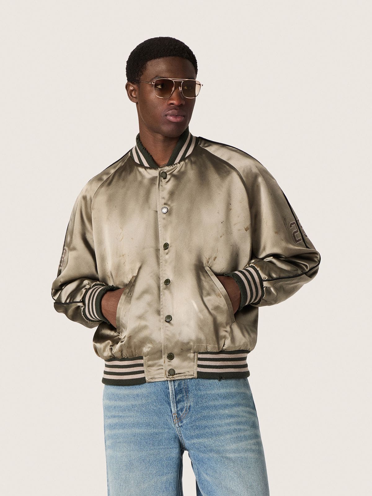 Golden Goose - Bomber unisexe en satin vert avec ourlets et col c&ocirc;tel&eacute; in 