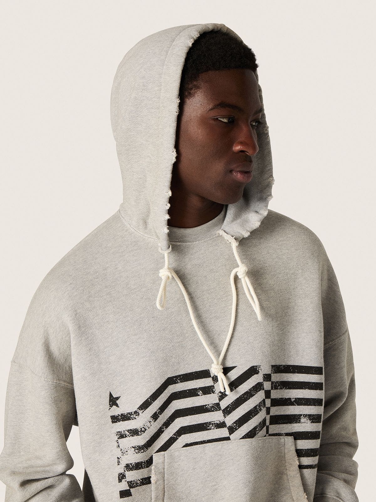Golden Goose - Sweat-shirt &agrave; capuche unisexe en coton gris avec imprim&eacute; drapeau vintage in 