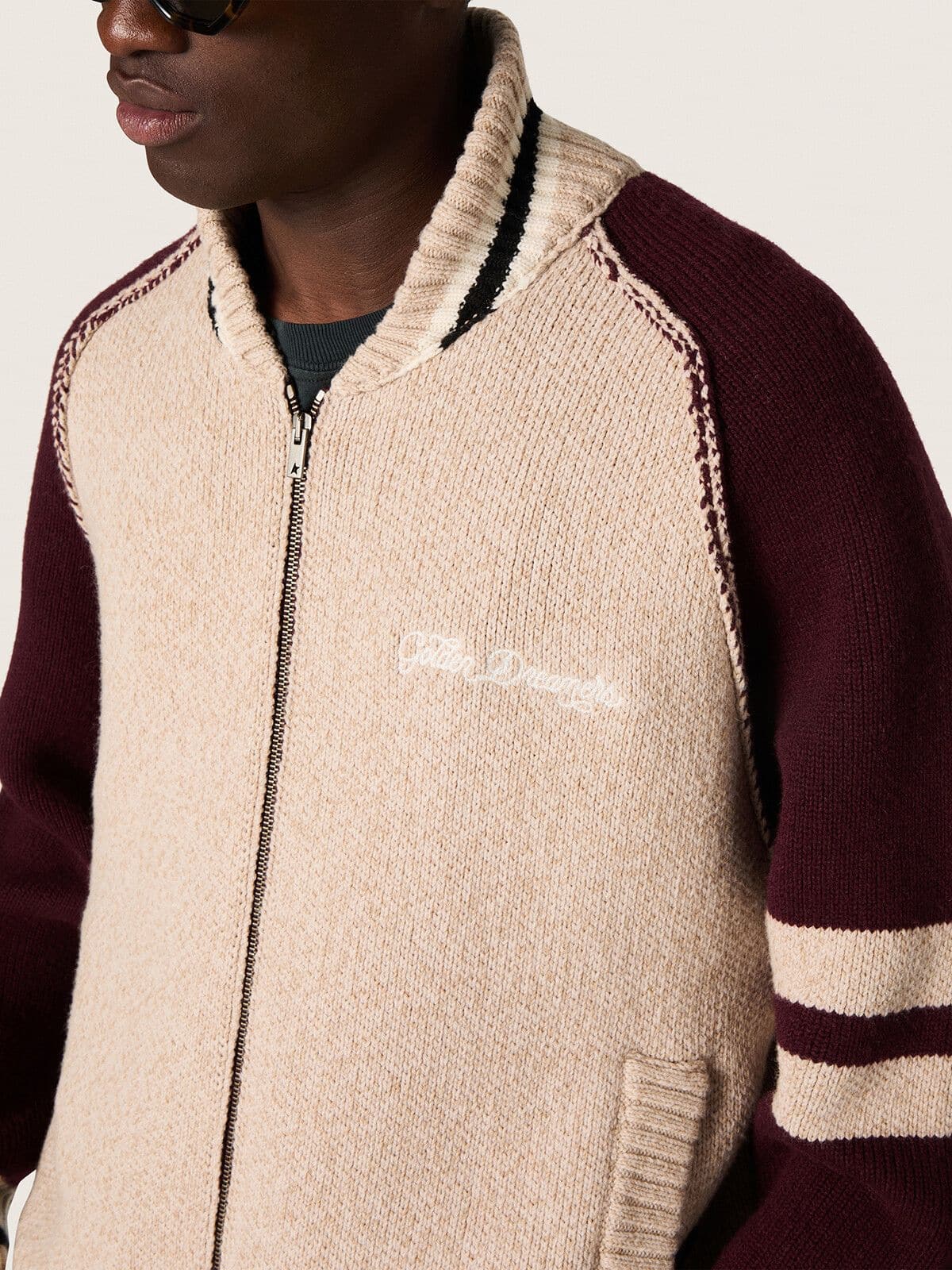 Golden Goose - Unisex bomber jacket in white and burgundy jacquard knit in 