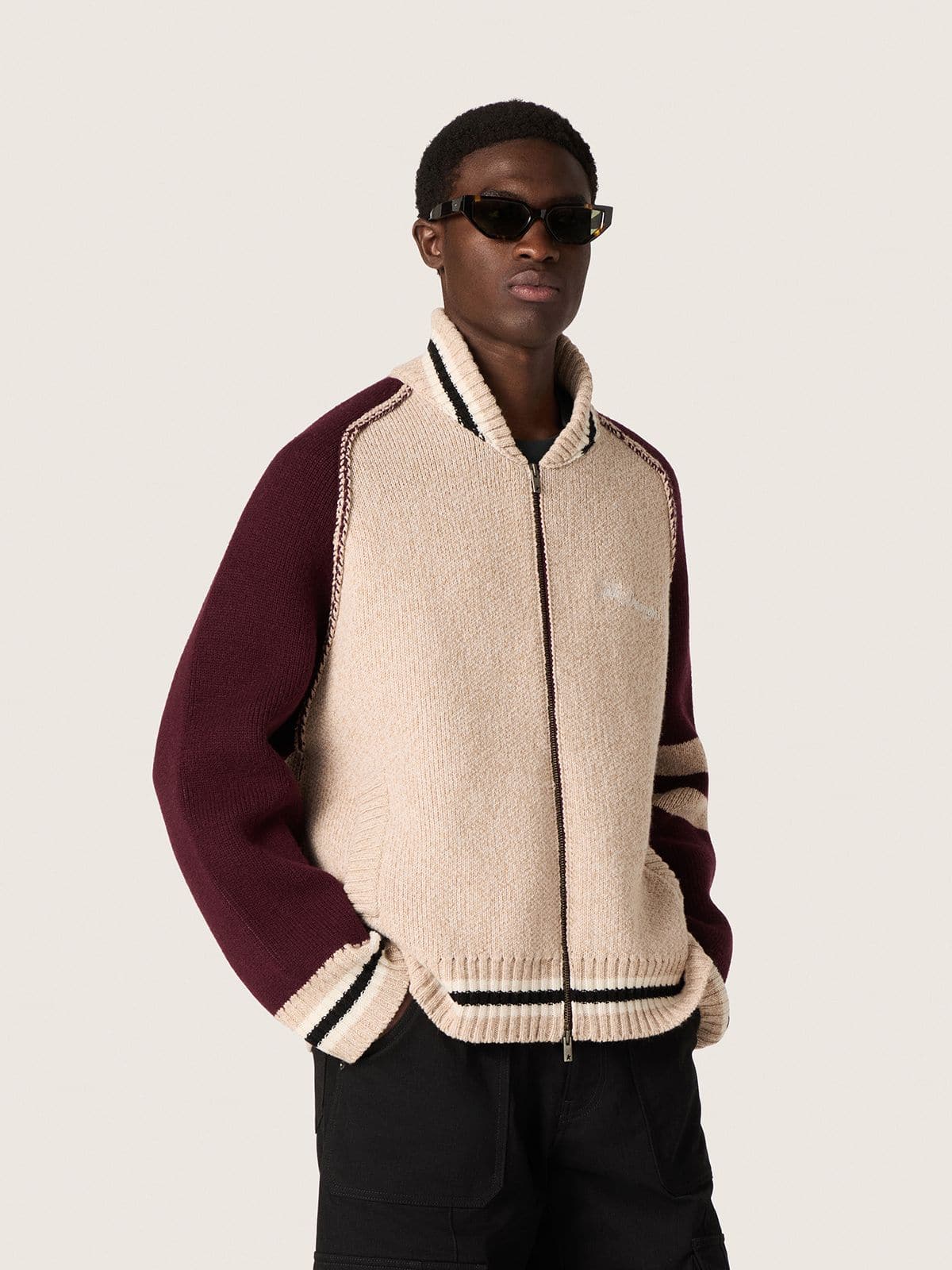 Golden Goose - Unisex bomber jacket in white and burgundy jacquard knit in 