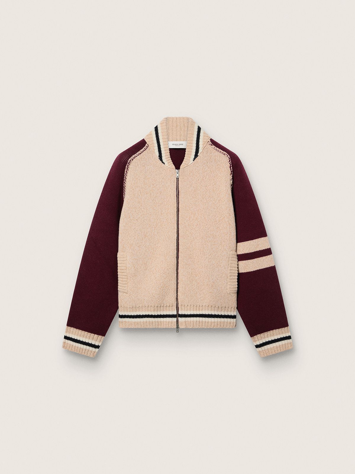 Veste bomber unisexe en maille jacquard blanc et bordeaux — Golden Goose