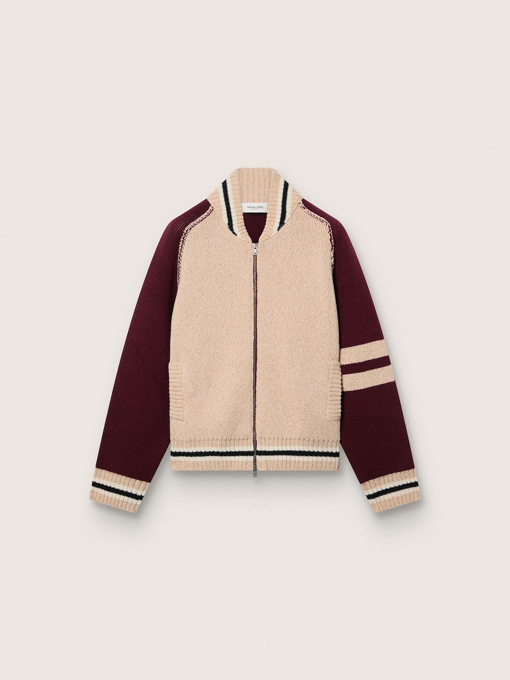 Veste bomber unisexe en maille jacquard blanc et bordeaux — Golden Goose
