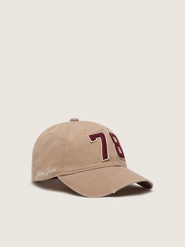 Golden Goose - Distressed beige baseball cap with burgundy 78 patch in 