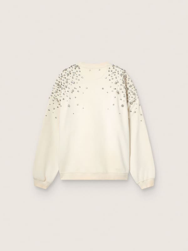 Felpa unisex in cotone bianco con cristalli ricamati